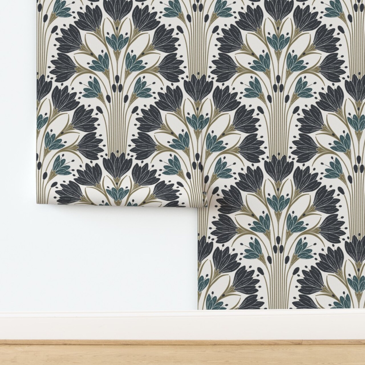 Block Print Floral Green Black Beige Abstract Geometric Flowers Bold Elegant Bohemian Custom Removable Wallpaper by Spoonflower Peel & Stick Wallpaper 2FT Wide